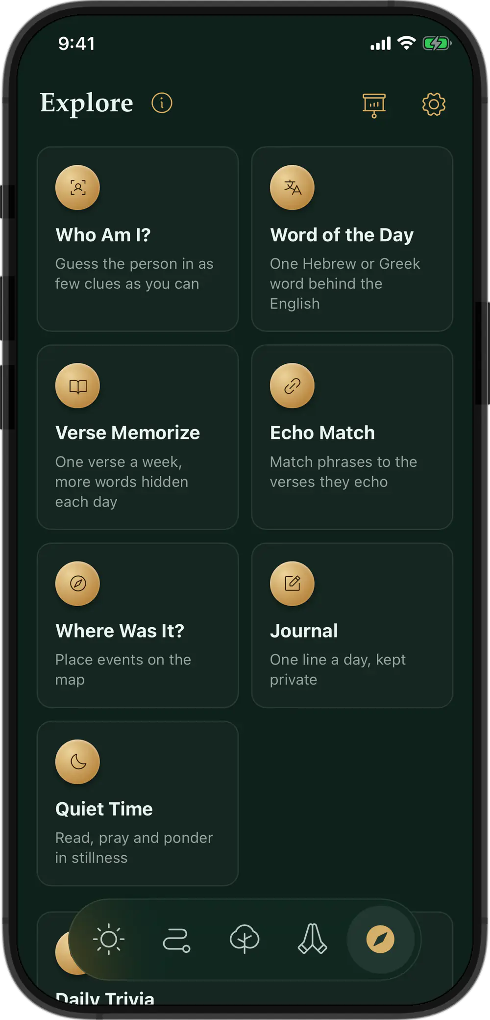 Explore: Who Am I?, Word of the Day, Verse Memorize, Echo Match, Where Was It?, Journal and more