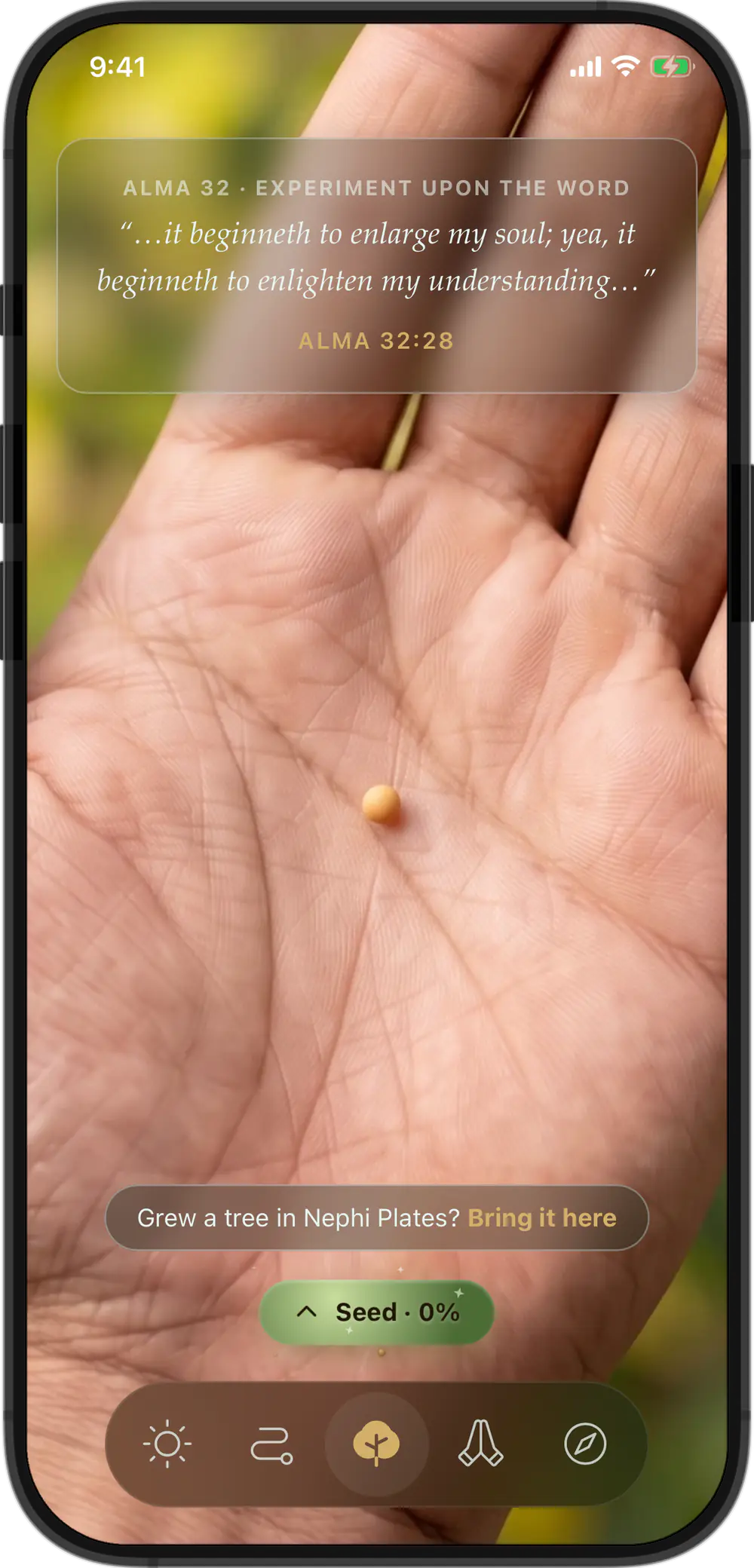Faith: a mustard seed in an open hand, with Alma 32:28