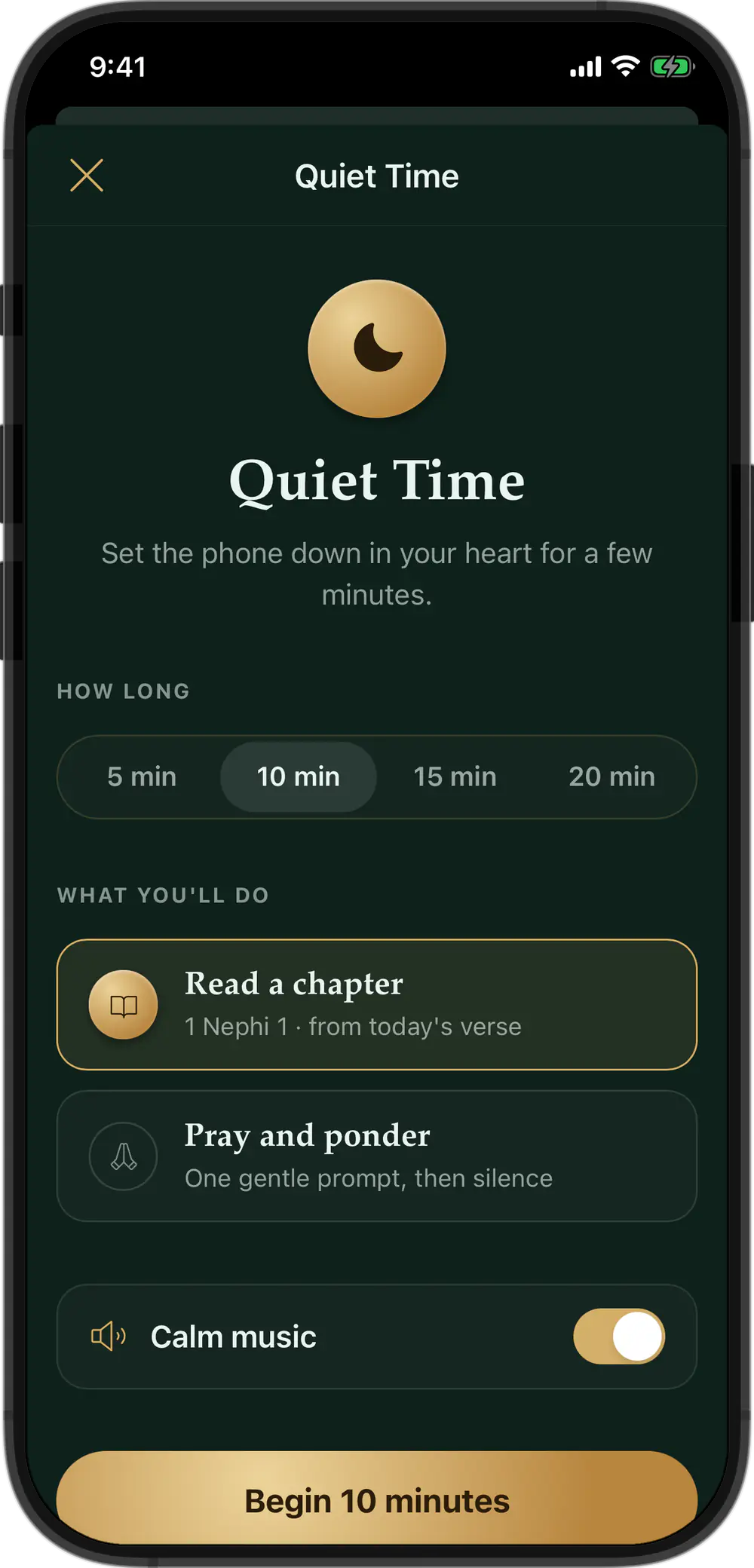 Quiet Time: choose 5 to 20 minutes, read a chapter or pray and ponder, with calm music