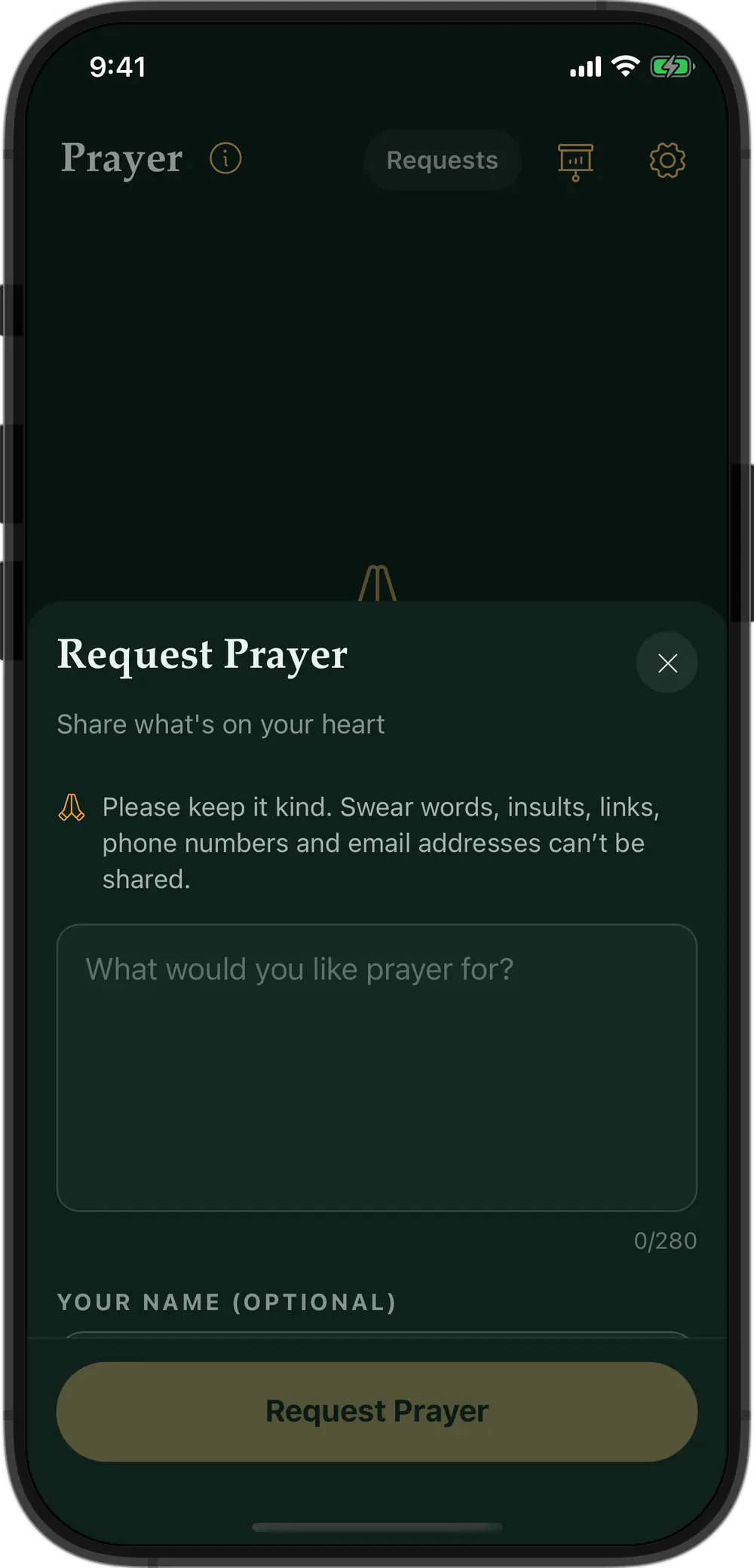 Request Prayer: no account needed, an optional name that shows as Friend, and a reminder to keep it kind
