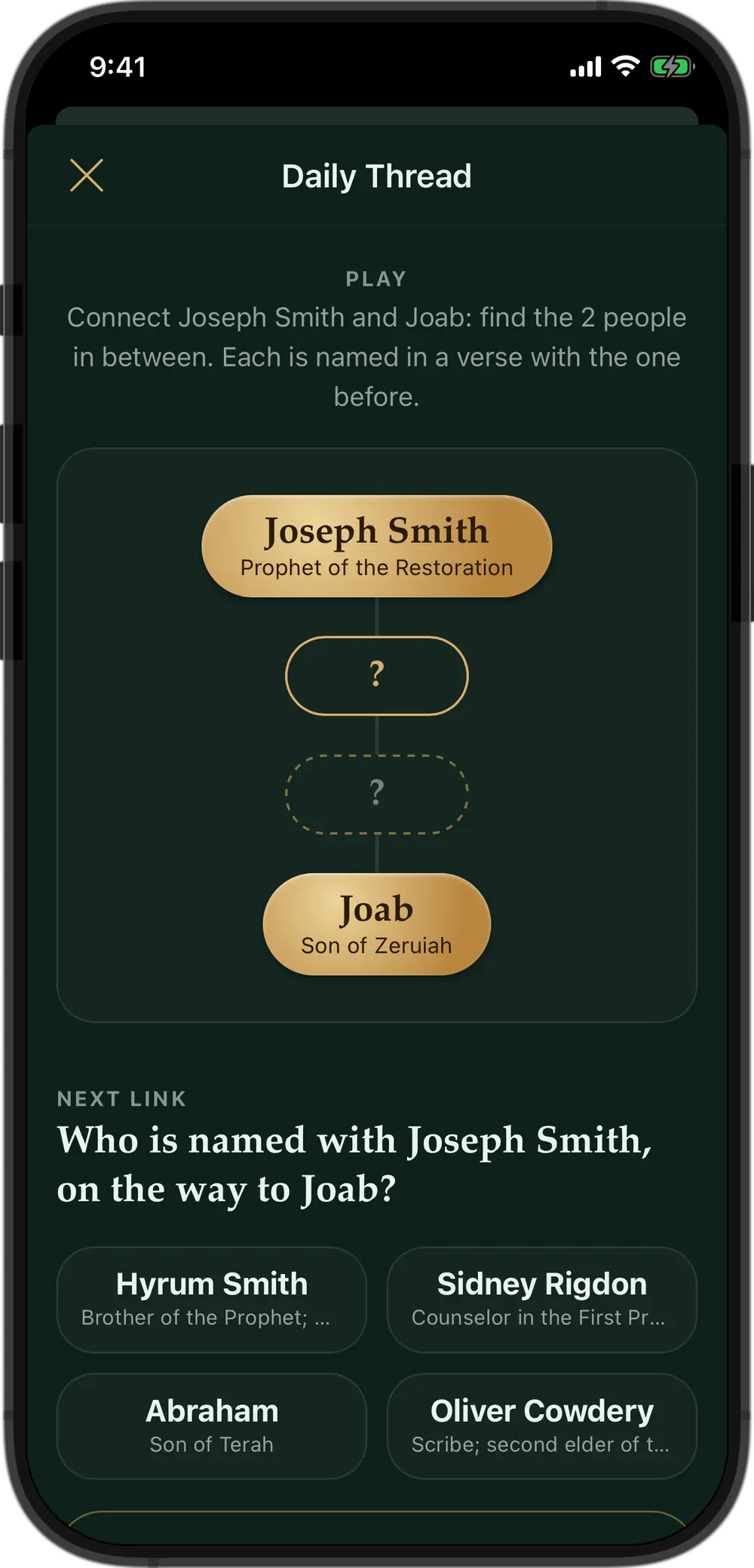 Daily Thread: connect Joseph Smith and Joab, picking each link from four people