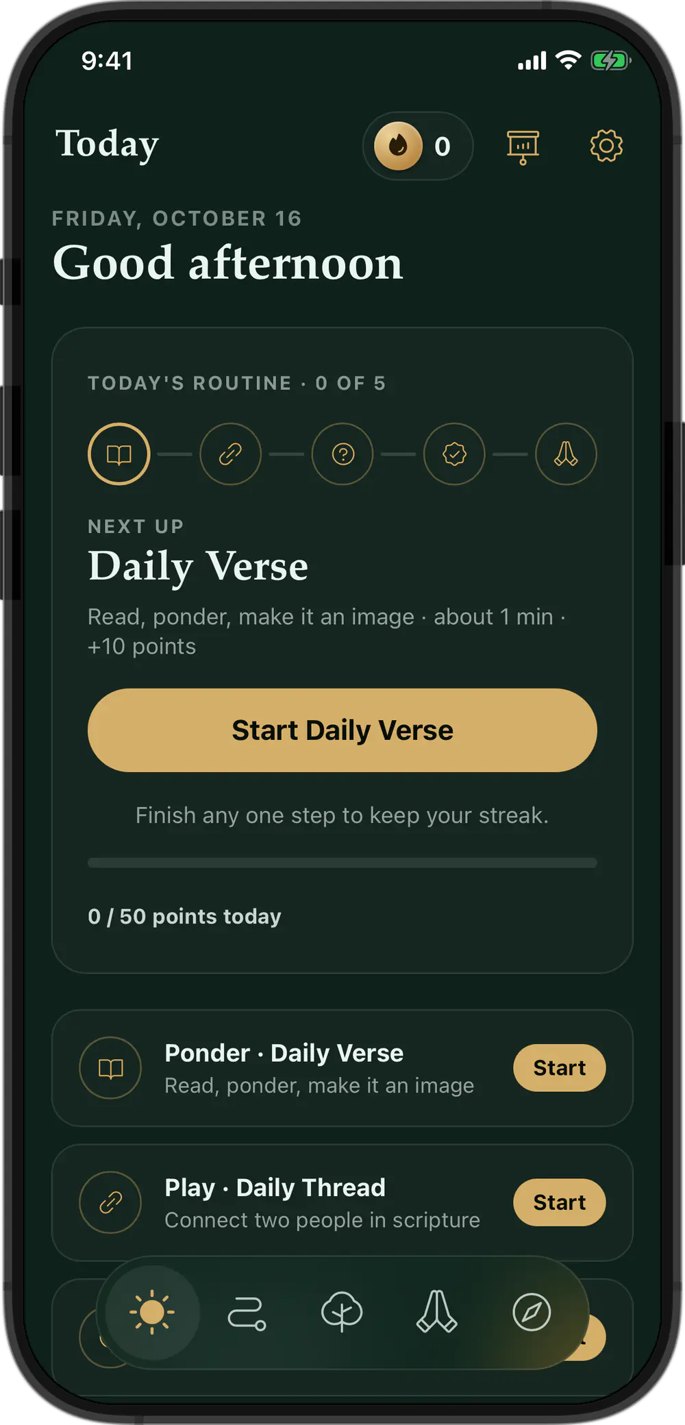 Today: the five-step routine with Daily Verse next up, and each step below it