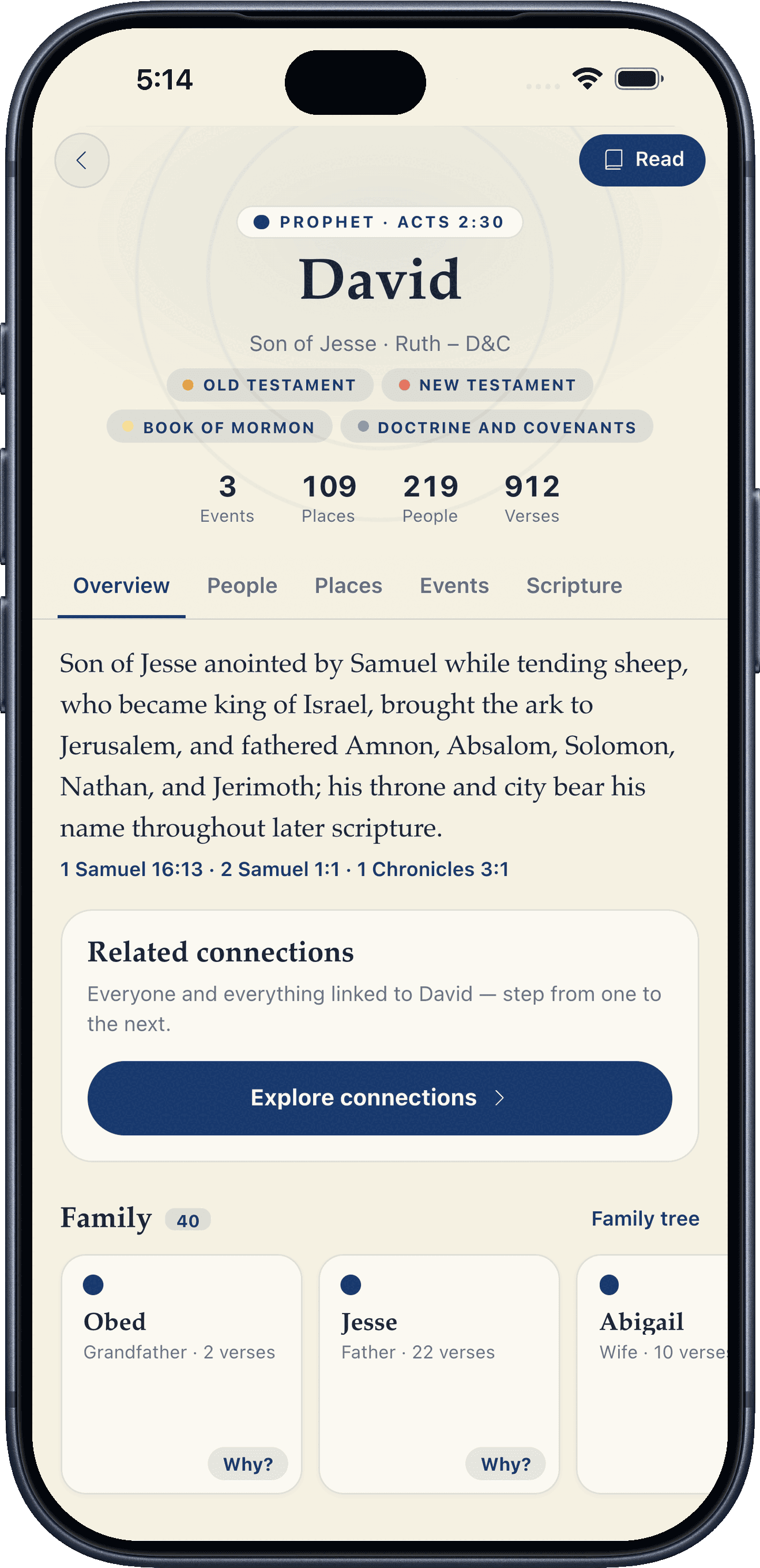 Scripture Tour page for David showing his prophet verse, a short introduction, related connections, and family cards