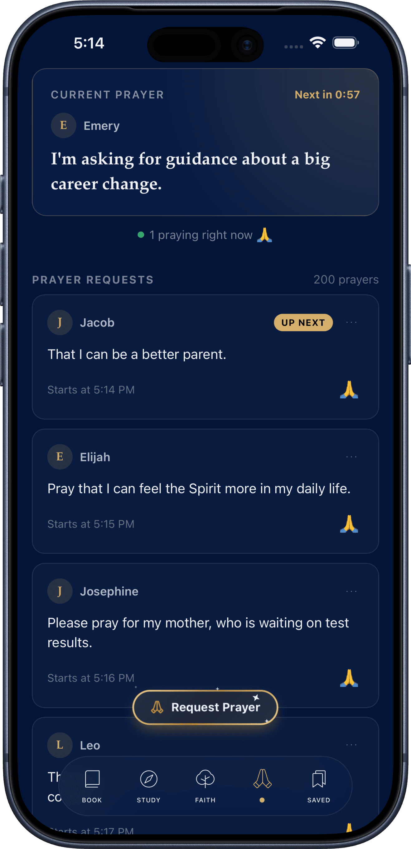 Prayer tab showing a shared prayer request