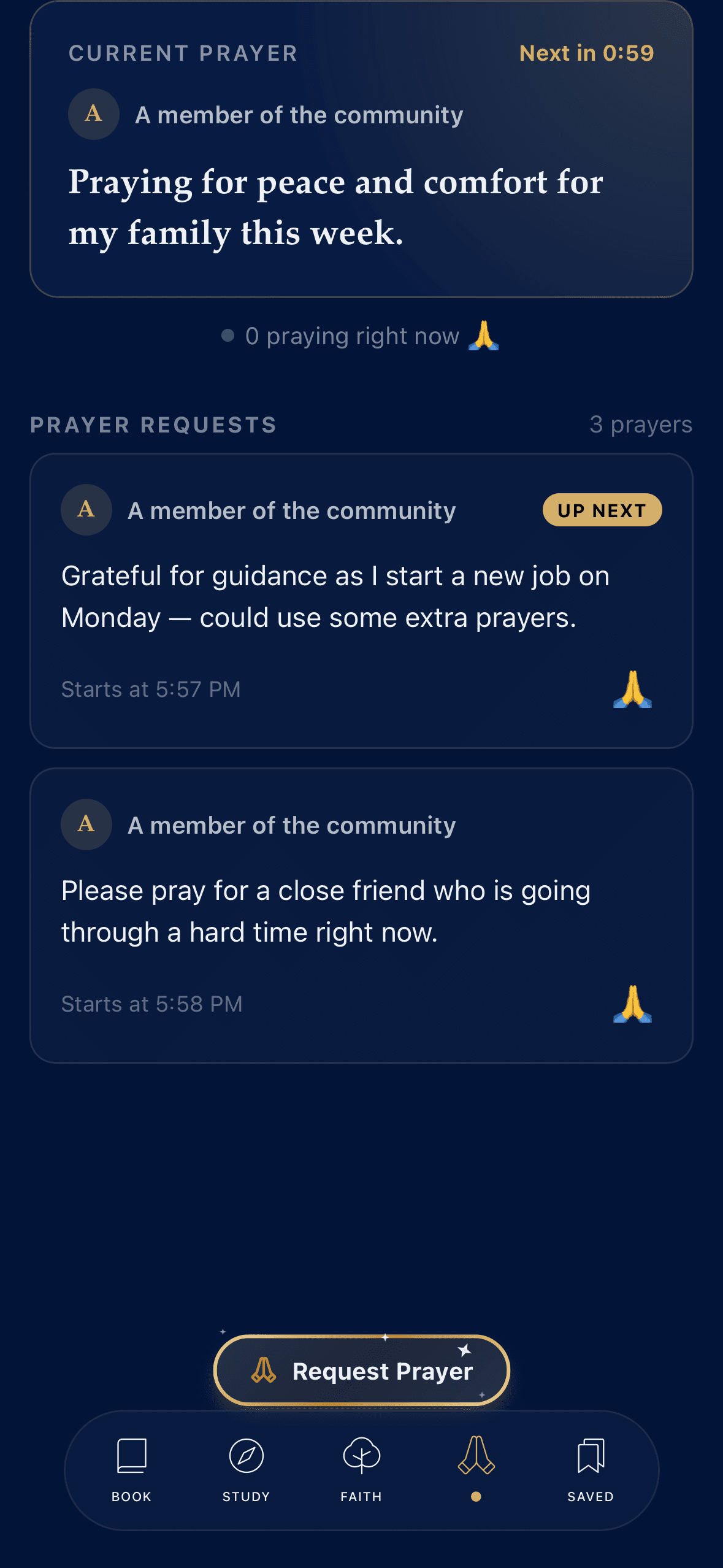 Prayers tab showing a live, shared queue of prayer requests