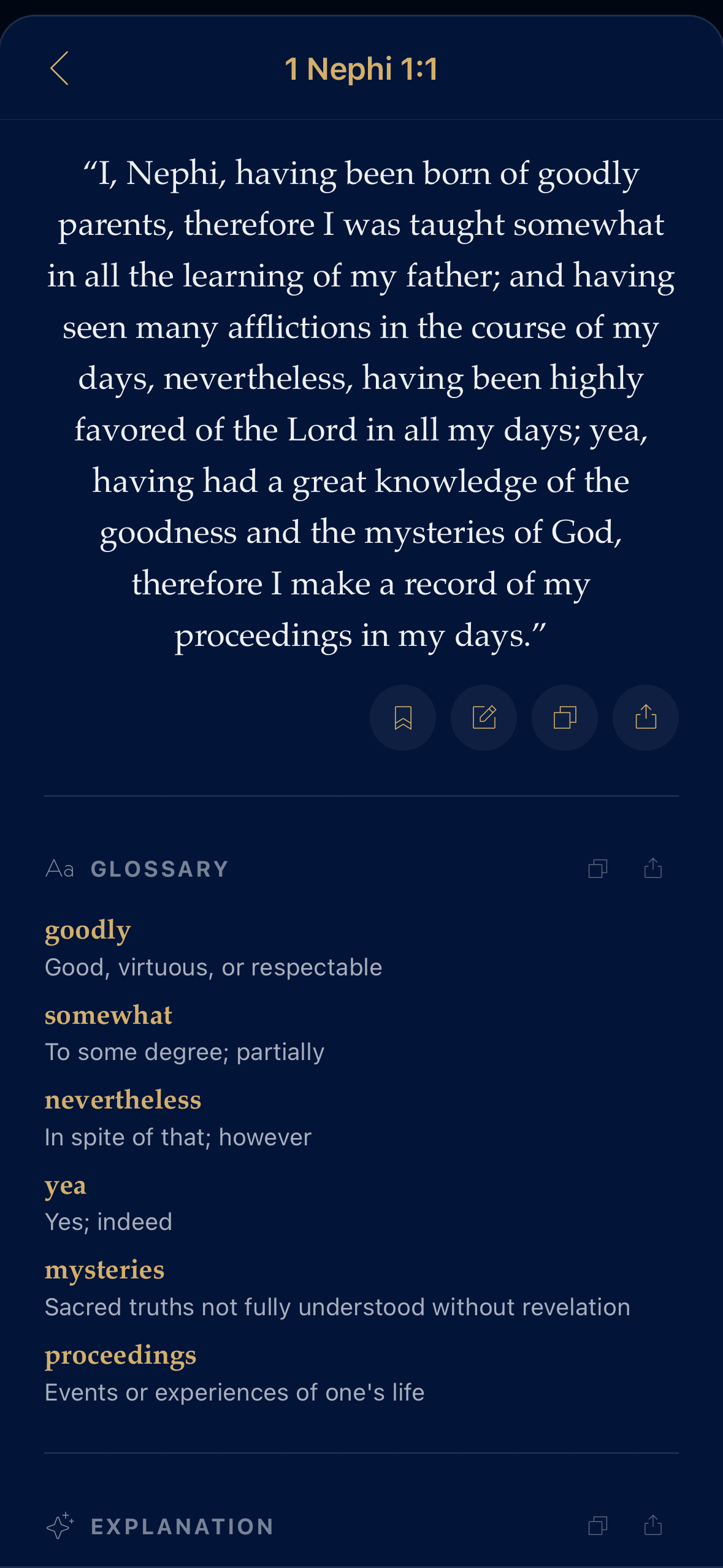 Verse detail screen showing an AI-generated glossary and explanation for a Book of Mormon verse